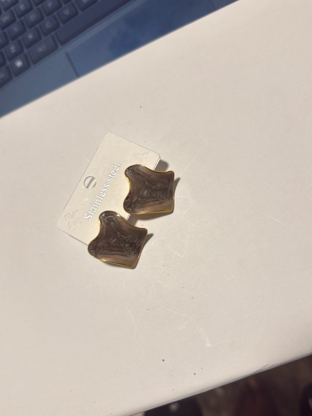 Gold-Trim Brown Marble Starburst Stainless Steel Earrings
